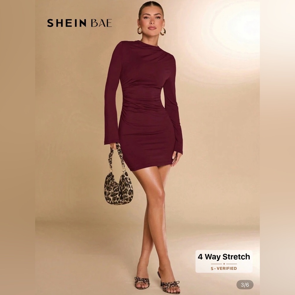 SHEIN BAE Women's Mock Neck Ruched Fitted Mini Flare Long Sleeve Dress
